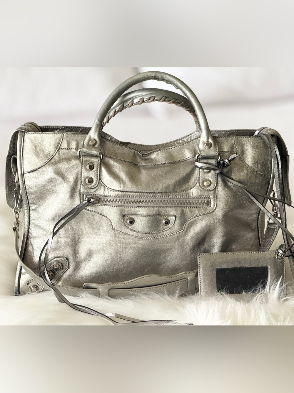BALENCIAGA CITY BAG SILVER VINTAGE RARE 2004/05 w/ MIRROR & STRAP MOTO BAG